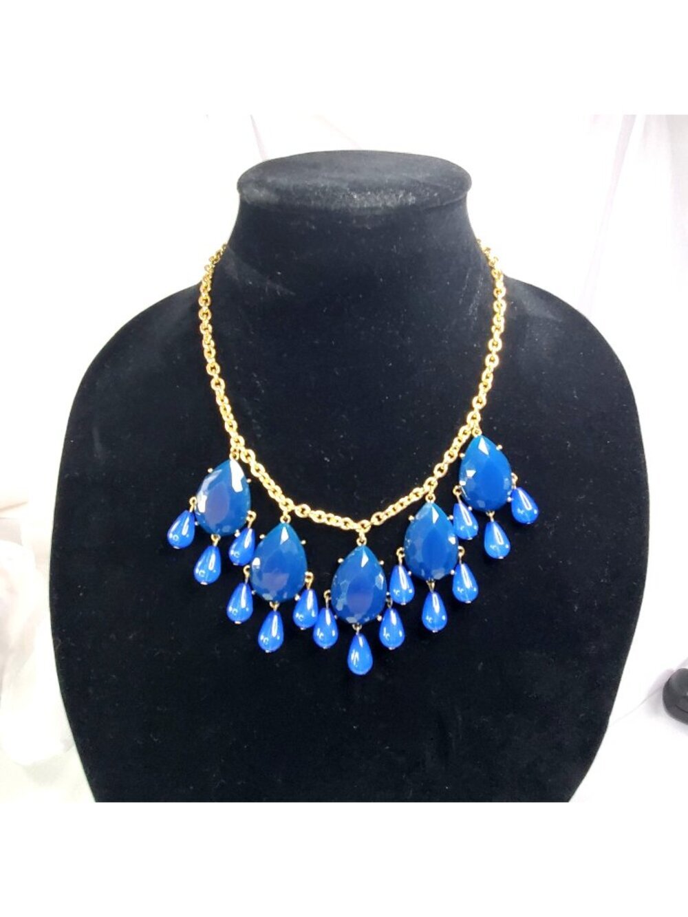 Gold-Tone Statement Bib Necklace With Blue Teardrop Plastic Faceted Accents